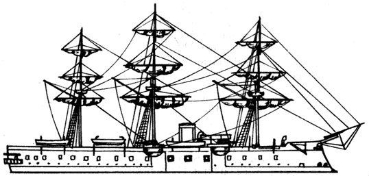 БРОНЕНОСЕЦ С ЦЕНТРАЛЬНОЙ БАТАРЕЕЙ МАРЕНГО, ФРАНЦИЯ, 1872 г. БРОНЕНОСЕЦ С ЦЕНТРАЛЬНОЙ БАТАРЕЕЙ МАРЕНГО, ФРАНЦИЯ, 1872 г.
