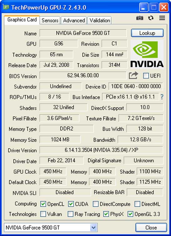 Palit GF9500GT данные на видеокарту в TechPowerUp GPU-Z описание Palit GF9500GT данные на видеокарту в TechPowerUp GPU-Z описание