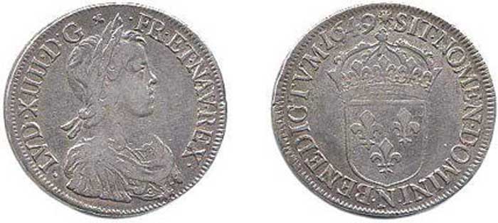 Экю. 1649 г. Серебро. Портрет Людовика XIV Экю. 1649 г. Серебро. Портрет Людовика XIV