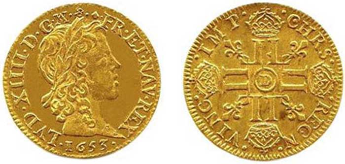 Луидор. 1653 г. Портрет Людовика XIV. Золото Луидор. 1653 г. Портрет Людовика XIV. Золото. Лионский монетный двор
