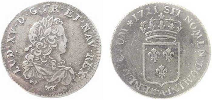 20 Солей 1721, Серебро. Портрет Людовика XV 20 Солей (1/6 Экю). 1721 г., Серебро. Портрет Людовика XV